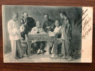 China Old Postcard Chinese Merchants Counting Shanghai To France 1906