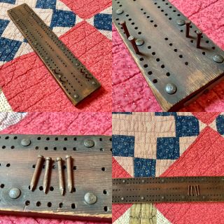 Vintage/antique Cribbage Board With Pegs,  Bell Hallmarked Nail - Tack Heads,  Neat