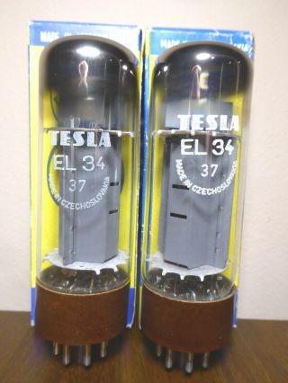 2x (pair) Tesla El34 (6ca7) Brown Base,  Oo - Getter,  Nos,  Nib,  F.  Marshall,  1980