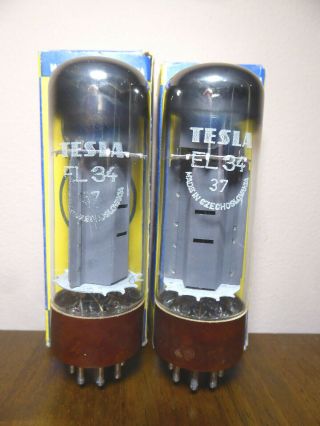 2x (pair) Tesla El34 (6ca7) Brown Base,  Oo - Getter,  Nos,  Nib,  F.  Marshall,  1975