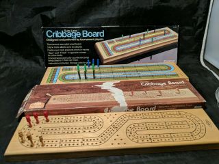 2 Wood Cribbage Boards And Pegs By Pressman 1011 And Lowe 1505 Vtg