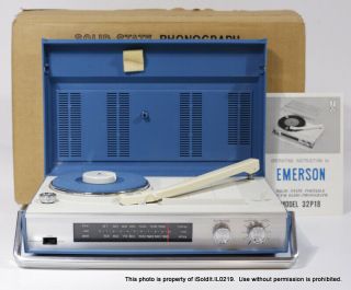 Nib Emerson Solid State Am/fm Radio Phonograph Blue Turntable 32p18