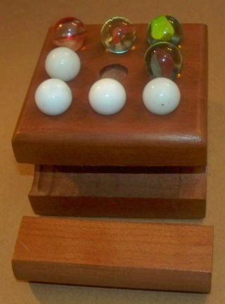 3” x 3” DESK Hand - Crafted Wood TIC - TAC - TOE Game w/ 8 WHITE & CLEAR Marbles 3