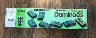 Vintage 1970 Wooden Dragon Double Six Dominoes Colored Dots Milton Bradley