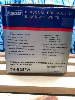 Rhapsody Personal Portable Black & White TV B&W 12V 4 - 1/2 