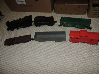 Vintage Marx Train Locomotive And Tender W/ Four Cars Maroon Erie Truck Flat