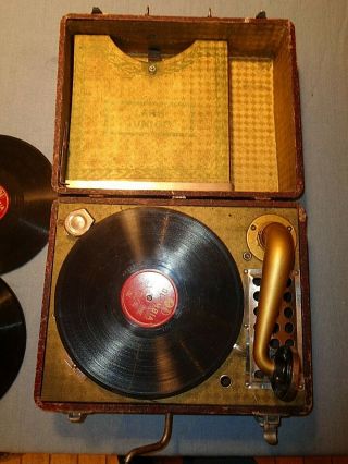 Vintage Record Player Portable Lark Phonograph W Crank Needles & 3 Records