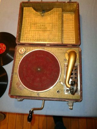 vintage record player portable Lark Phonograph w Crank Needles & 3 Records 3