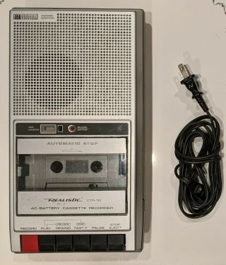Vintage Realistic Ctr - 70 Portable Cassette Recorder Tape Player With Power Cord