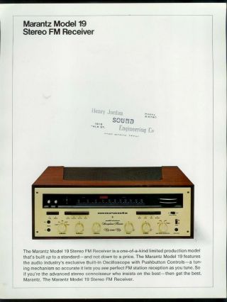 Ultra Rare Vintage Marantz Model 19 Fm Stereo Receiver Dealer Sheet Page