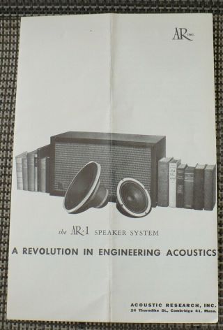 Acoustic Research Ar 1 Sales Brochure For The Die Hard Collector