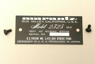 Vintage Marantz 2325 Receiver Parts Back Panel Rear Id Badge Logo