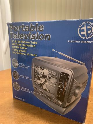 Electro Brand Portable Television Tv 5” B/w Am/fm Radio Ac/battery/12v