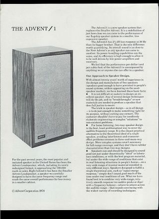 The Advent/1 Loudspeaker Speaker Rare Factory Dealer Brochure 1978