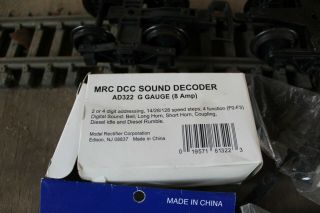 G Scale USA Trains Aristo Craft couplers and trucks and MDC sound decoder 3