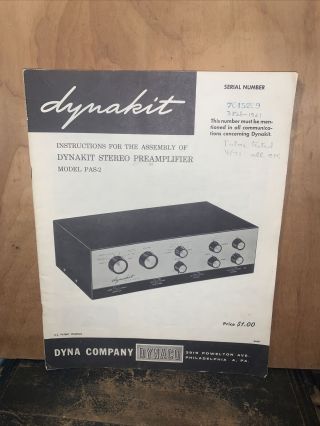 Dyna Company Dynakit Stereo Preamplifier Model Pas - 2 - Assembly Instructions -