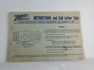 Zenith Radio Instructions & Call Letter Tabs Model 10s669 Tube Receivers