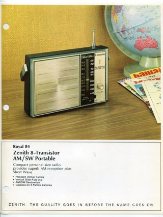 Vintage Zenith Sales Sheet: Portable Transistor Radio " Royal 84 "