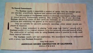 Rare Vintage Cactone Cactus Phonograph Gramophone 78 Rpm Record Needle & Instruc