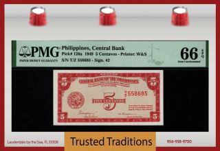 Tt Pk 126a 1949 Philippines Central Bank 5 Centavos Pmg 66 Epq Gem Uncirculated