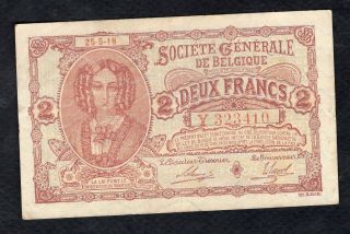 2 Francs From Belgium Societe General 1918 Vg