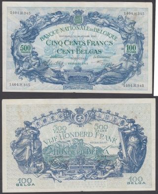 Belgium 500 Francs On 100 Belgas 1943 (vf, ) Banknote P - 109