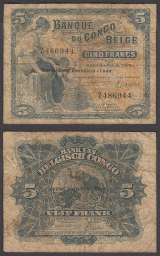Belgian Congo 5 Francs 1944 (f) Banknote P - 13a