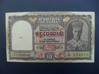1945 Burma 10 Rupees (military Overprint) Banknote Gvf