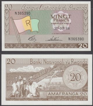 Rwanda 20 Francs 1966 Unc Crisp Banknote P - 6a