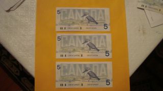 3 X Canadian 1986 Series Five $5 Dollar Bills Uncirculated Enc9729539 9729538 37