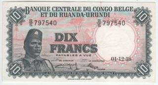 Belgian Congo 10 Francs 1958 P - 30b Au