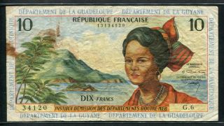 French Antilles 1964,  10 Francs,  P8b,  Signature 2,  Avf