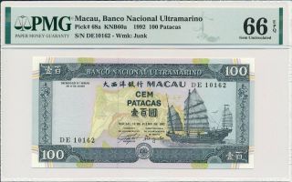 Banco Nacional Ultramarino Macau 100 Patacas 1992 Pmg 66epq