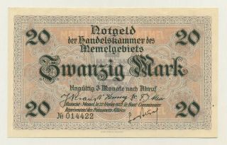 Memel 20 Mark 22 - 2 - 1922 Pick 6 Aunc Almost Uncirculated Banknote