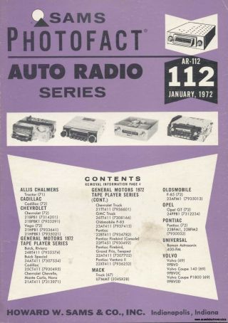 Sams Photofact Auto Radio Series Ar - 112 January 1972