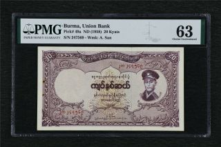 1958 Burma Union Bank 20 Kyats Pick 49a Pmg 63 Choice Unc
