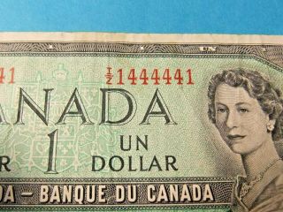 RARE RADAR NOTE - 1954 Bank of Canada 1 Dollar Note - I /Z 1444441 2