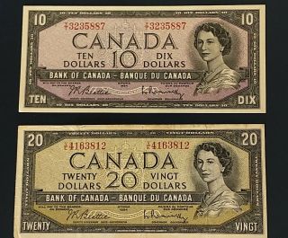 1954 - Canada $20 & $10 Bank Note - Canadian Ten Dollar Bills ($10 Unc $20 Cir)