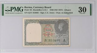 British India Burma Currency Board 1 Rupee 1940 P30 Pmg Vf 30