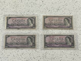 1954 $10 Dollar Bank Of Canada Notes X4 (4 Notes)