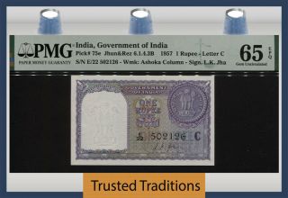 Tt Pk 75e 1957 India Government Of India 1 Rupee Ashoka Column Pmg 65 Epq Gem