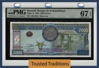 Tt Pk 41 2001 Burundi Banque De La Republique 2000 Francs Pmg 67 Epq Unc