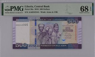 Liberia 500 Dollars 2016 P 36 Gem Unc Pmg 68 Epq Top Pop