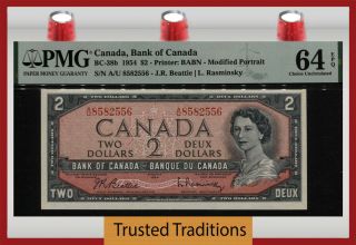 Tt Pk Bc - 38b 1954 Canada Bank Of Canada $2 Queen Elizabeth Ii Pmg 64 Epq Choice