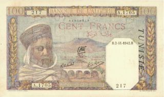 Tunisia O/p Algeria 100 Francs Currency Banknote 1942 Vf/xf