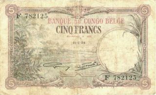 Belgian Congo 5 Francs Currency Banknote 1929