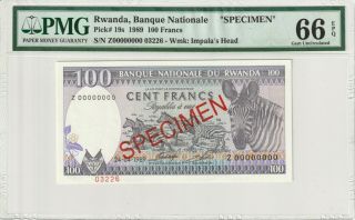 Rwanda 1989 100 Francs Specimen Pmg Certified Banknote Unc 66 Epq Gem Pick 19s