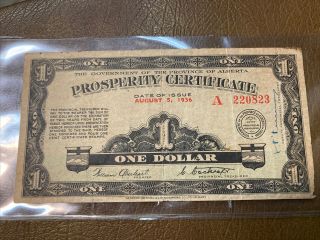 1936 The Government Of The Province Of Alberta $1.  00 Prosperity Certificate
