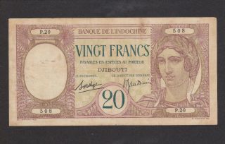 20 Francs Fine - Vf Banknote From French Somalia/djibouti 1926 - 38 Pick - 7 Rare