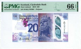 Scotland (clydesdale Bank) 20 Pounds 2019 Pmg 66 Epq S/n W/kq 707004 Polymer